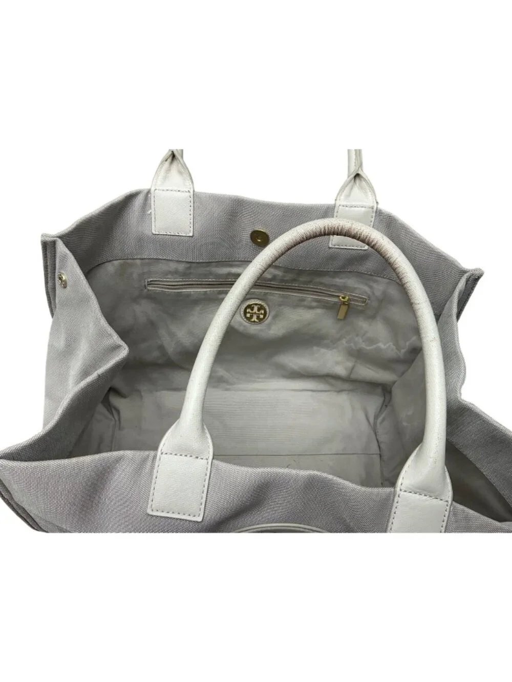 Tory Burch Ella Gray Canvas Tote White Leather Trim Large Logo Shoulder Bag